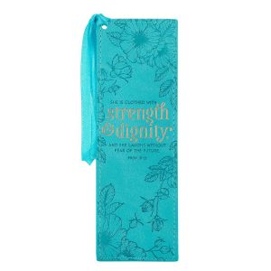 Strength & Dignity Teal Faux Leather Bookmark - Proverbs 31:25