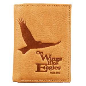 Wings Like Eagles Camel Tan Full Grain Leather Trifold Wallet - Isaiah 40:31