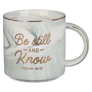 Be Still White Marbled Ceramic Coffee Mug - Psalm 46:10