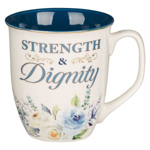 Strength and Dignity Indigo Rose Ceramic Coffee Mug - Proverbs 31:25
