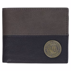 Strong and Courageous Black and Brown Full Grain Leather Wallet with Metal Badge - Joshua 1:9